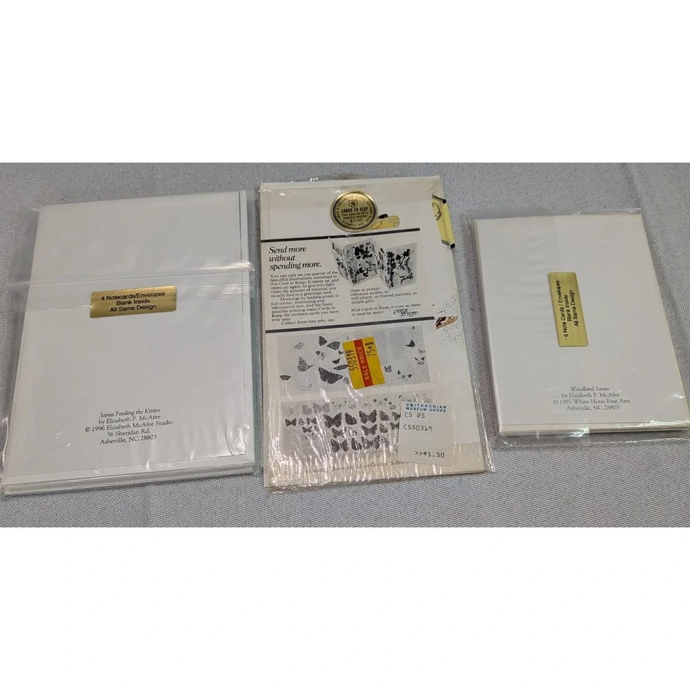 Sue Boettcher Elizabeth McAfee Stationery Lot Cat Santa Butterfly Cards Tin GOOD